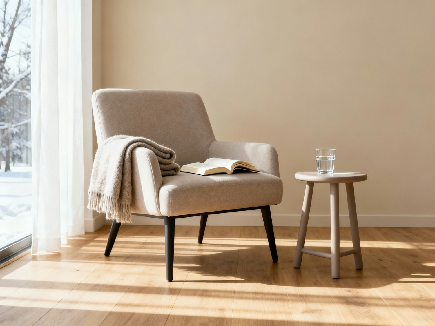 A sunlit reading chair with an open book and a soft blanket beside a window